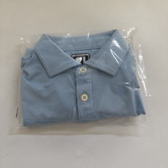 FJ FootJoy Polo Shirt Blue Medium All Over Print Golf Performance Oakhurst Logo - Picture 10 of 10